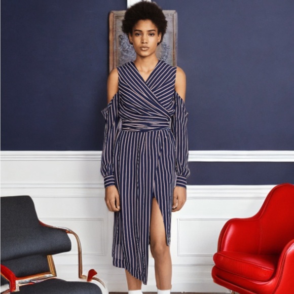 NICHOLAS Navy and White Striped Wrap Dress